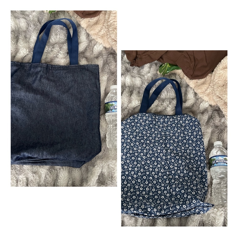Reversible navy blue white and denim magazine size tote